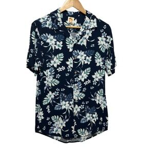 Vintage C&C California Men Shirt S Navy Blue Tropical Floral Y2K Rayon Resort‎